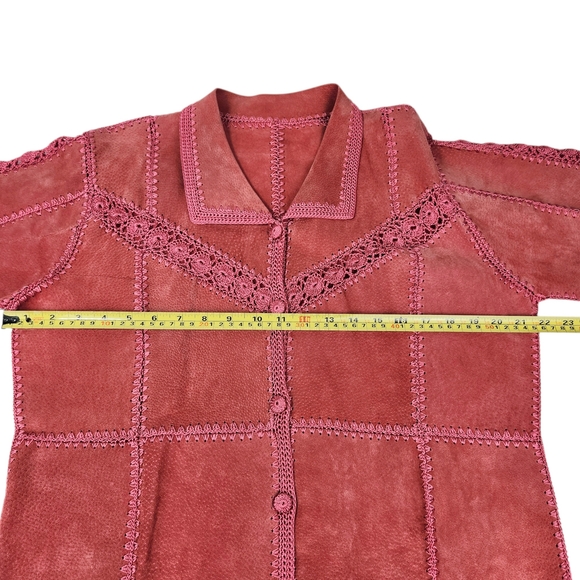 Vintage Suede Crochet Patchwork Jacket XL Boho Western Pink Coral Button Front - Picture 14 of 16
